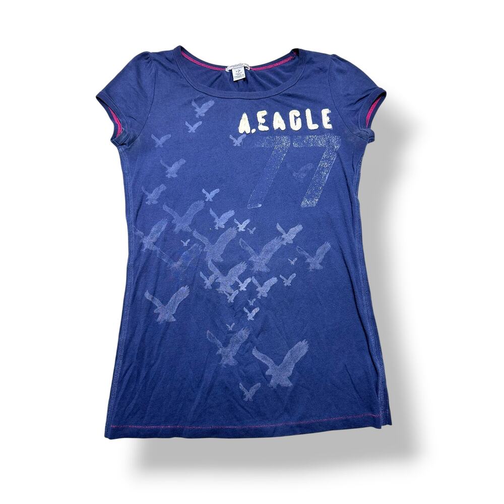 Y2k American Eagle Navy Blue Bird Print Tee w/ Chenile Logo